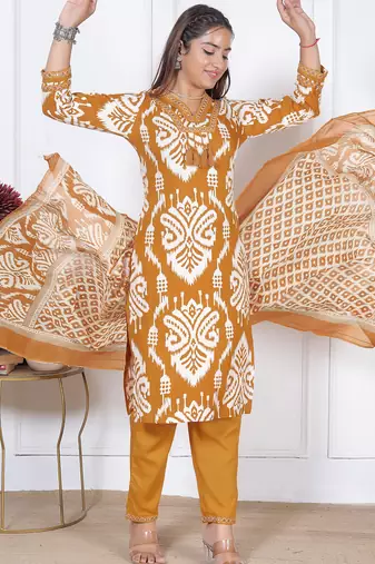 Women   s printed kurta pant dupatta set traditional indian suit set with printed dupatta set