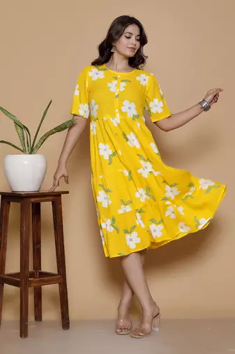 Women's handprinted ethnic yellow rayon floral printed casual midi dress