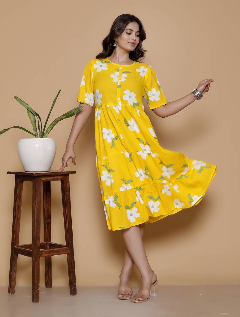 yellow rayon printed dress