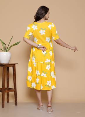 Women's handprinted ethnic yellow rayon floral printed casual midi dress 2