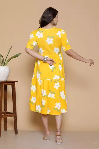 Women's handprinted ethnic yellow rayon floral printed casual midi dress