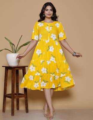 Women's handprinted ethnic yellow rayon floral printed casual midi dress 3
