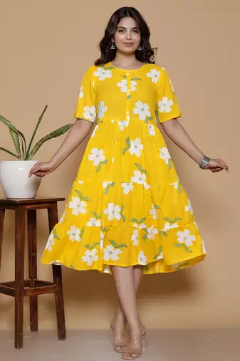 Women's handprinted ethnic yellow rayon floral printed casual midi dress