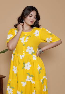 Women's handprinted ethnic yellow rayon floral printed casual midi dress 4