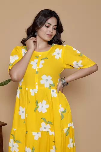 Women's handprinted ethnic yellow rayon floral printed casual midi dress