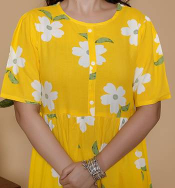Women's handprinted ethnic yellow rayon floral printed casual midi dress 5