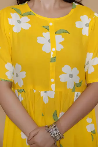 Women's handprinted ethnic yellow rayon floral printed casual midi dress