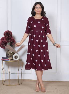 Women   s maroon heart print casual, Office & Party wear knee length dress for women 1