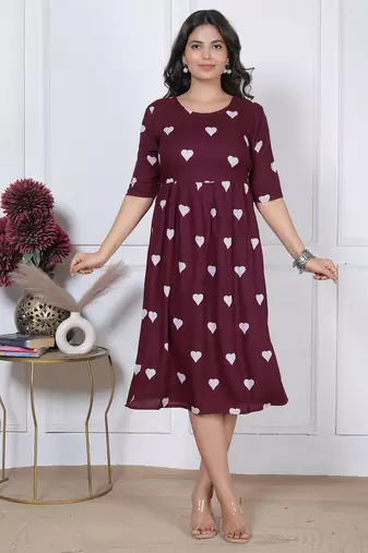Women’s maroon heart print casual, Office & Party wear knee length dress for women