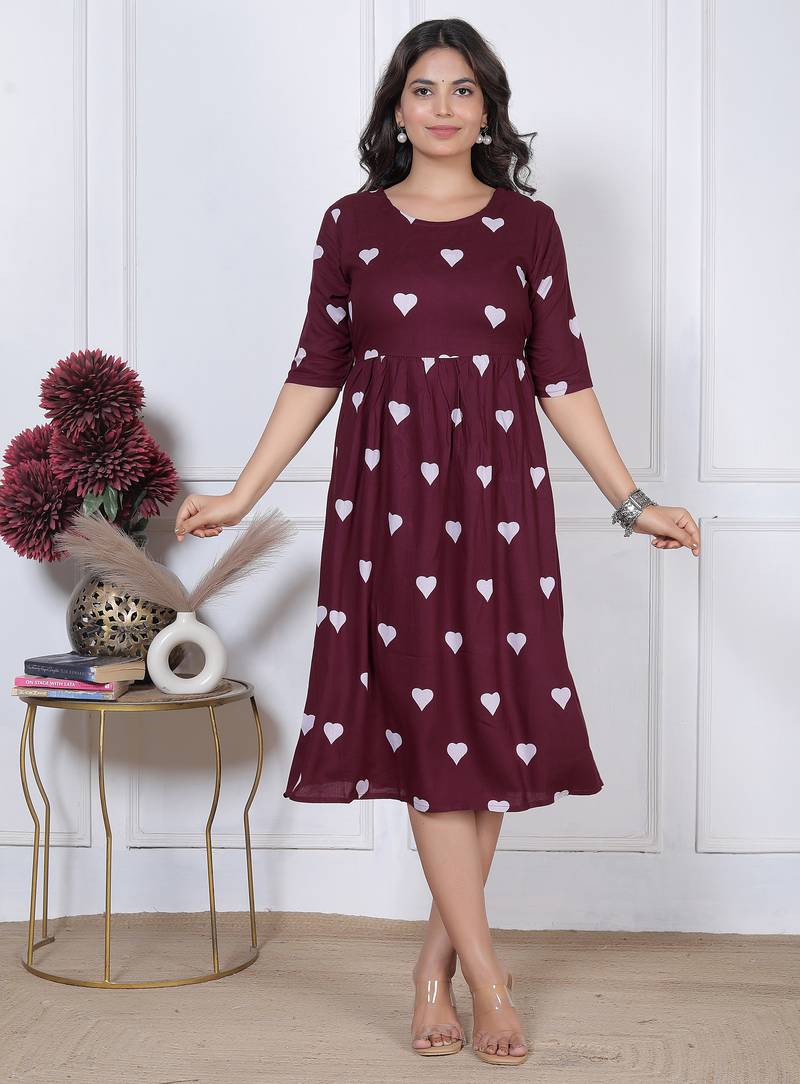 Women’s maroon heart print casual, Office & Party wear knee length dress for women