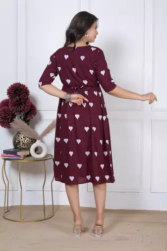 Women   s maroon heart print casual, Office & Party wear knee length dress for women