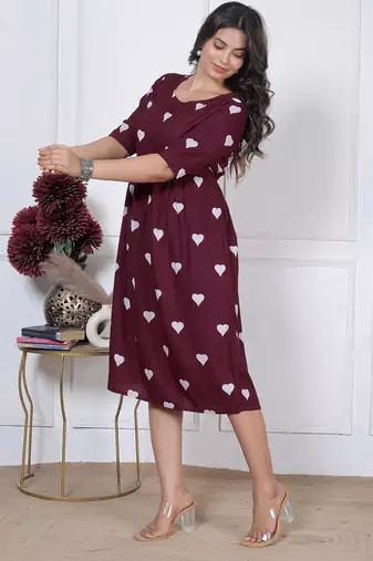 Women   s maroon heart print casual, Office & Party wear knee length dress for women
