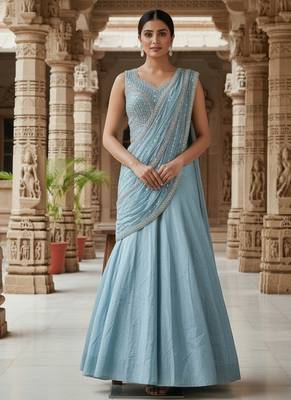 Sky blue zari sequence beads embroidery work half sarees for women's 1