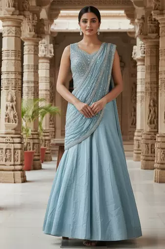 Sky blue zari sequence beads embroidery work half sarees for women's