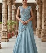 Sky blue zari sequence beads embroidery work half sarees for women's