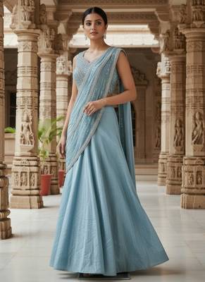 Sky blue zari sequence beads embroidery work half sarees for women's 2