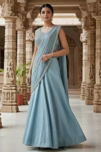 Sky blue zari sequence beads embroidery work half sarees for women's