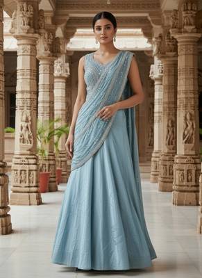 Sky blue zari sequence beads embroidery work half sarees for women's 3