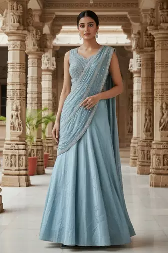 Sky blue zari sequence beads embroidery work half sarees for women's