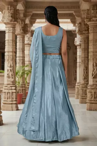 Sky blue zari sequence beads embroidery work half sarees for women's