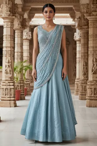 Sky blue zari sequence beads embroidery work half sarees for women's