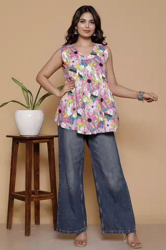 Women's rayon printed designer handprinted multicolor sleeveless v neck top & tunics