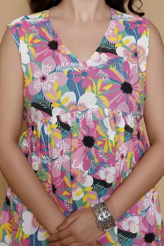 Women's rayon printed designer handprinted multicolor sleeveless v neck top & tunics