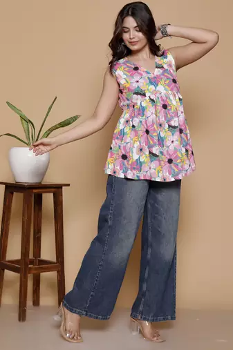 Women's rayon printed designer handprinted multicolor sleeveless v neck top & tunics