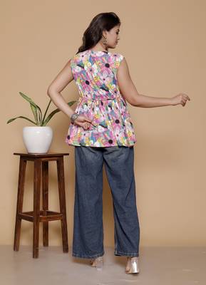 Women's rayon printed designer handprinted multicolor sleeveless v neck top & tunics 5