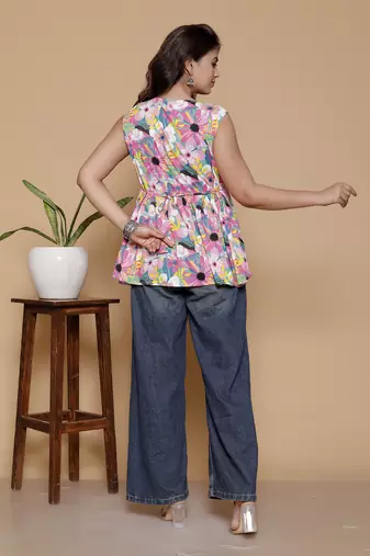 Women's rayon printed designer handprinted multicolor sleeveless v neck top & tunics