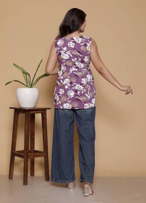 Women's rayon printed designer handprinted purple sleeveless v neck top & tunics 2