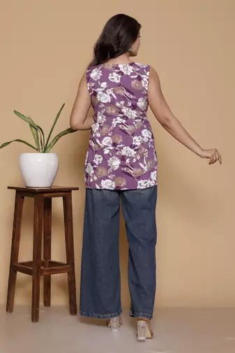 Women's rayon printed designer handprinted purple sleeveless v neck top & tunics