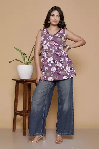 Women's rayon printed designer handprinted purple sleeveless v neck top & tunics