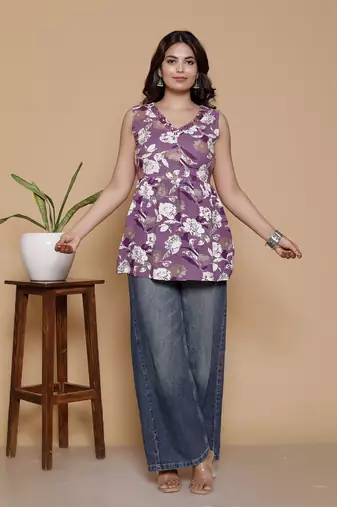 Women's rayon printed designer handprinted purple sleeveless v neck top & tunics
