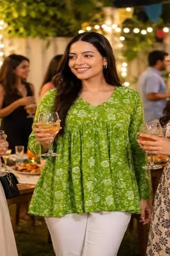 Anushil floral printed short kurti for women | cotton blend a-line tunic top | v-neck gathered top