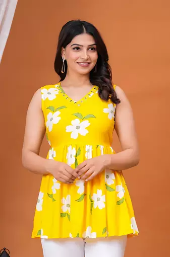 Women's rayon printed designer handprinted yellow sleeveless v neck top & tunics