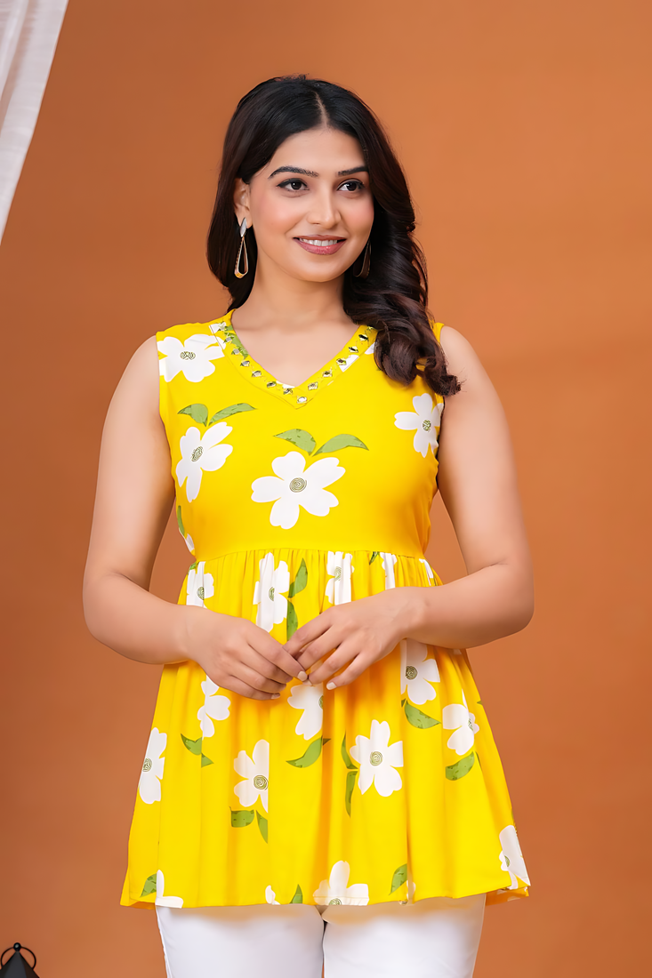 yellow rayon printed dress