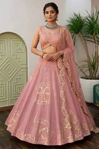 Pink Silk blend Embroidered Lehenga Choli