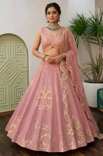 Pink Silk blend Embroidered Lehenga Choli