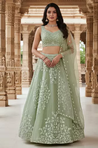 Light Parrot Organza Embroidered Lehenga Choli