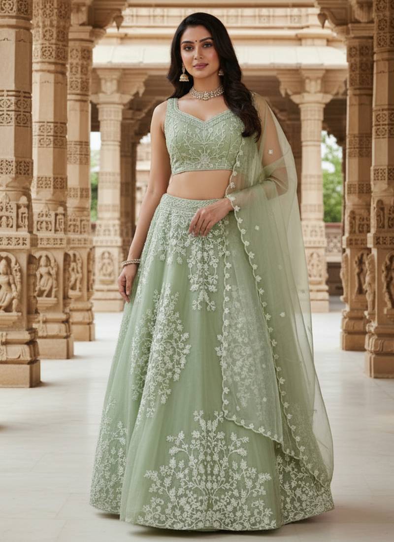Light Parrot Organza Embroidered Lehenga Choli