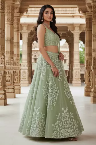Light Parrot Organza Embroidered Lehenga Choli