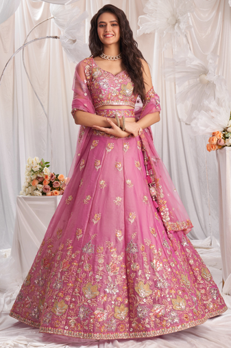 Pink Organza  Silk blend Embroidered Lehenga Choli