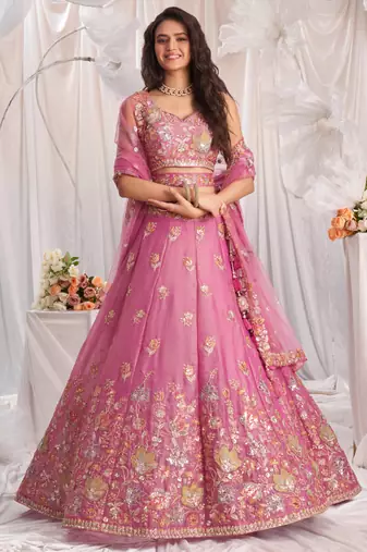 Pink Organza  Silk blend Embroidered Lehenga Choli