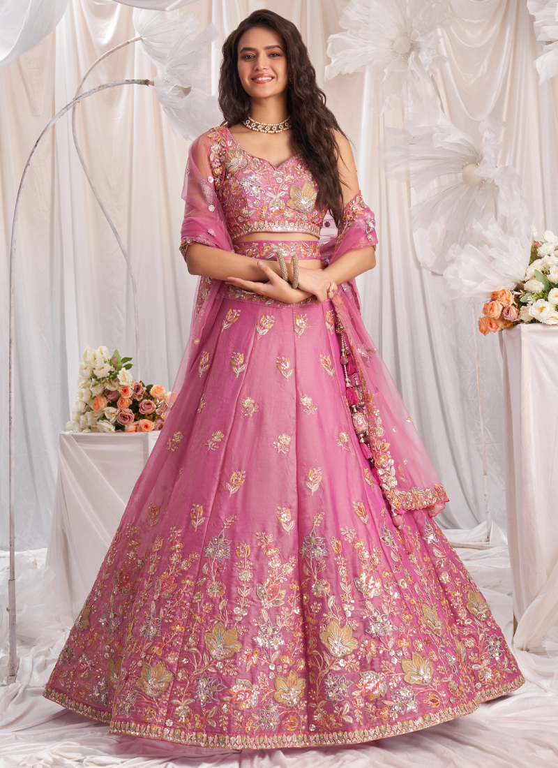 Pink Organza  Silk blend Embroidered Lehenga Choli