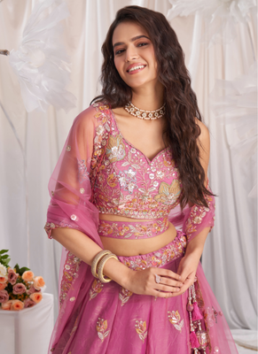 Pink Organza  Silk blend Embroidered Lehenga Choli 2