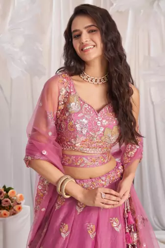 Pink Organza  Silk blend Embroidered Lehenga Choli