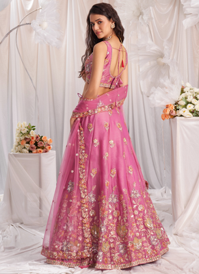 Pink Organza  Silk blend Embroidered Lehenga Choli 3