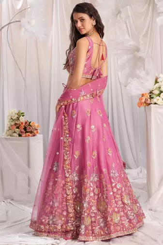 Pink Organza  Silk blend Embroidered Lehenga Choli