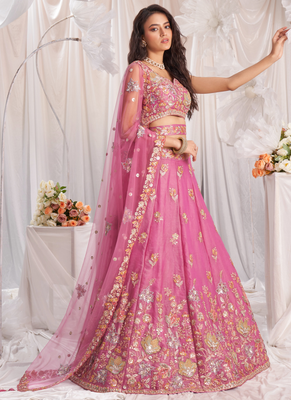 Pink Organza  Silk blend Embroidered Lehenga Choli 4